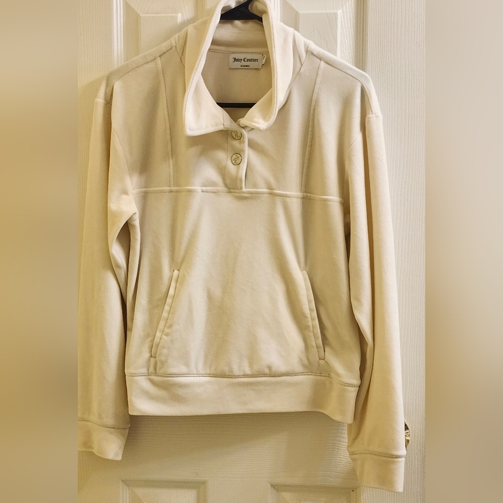 Juicy Couture Cream White Velour Snap Front Mock Neck Pullover Sweatshirt Medium